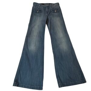 Y2K Wide Leg Flare Jeans Medium Wash Utility Pocket Denim Low Rise 90s X2